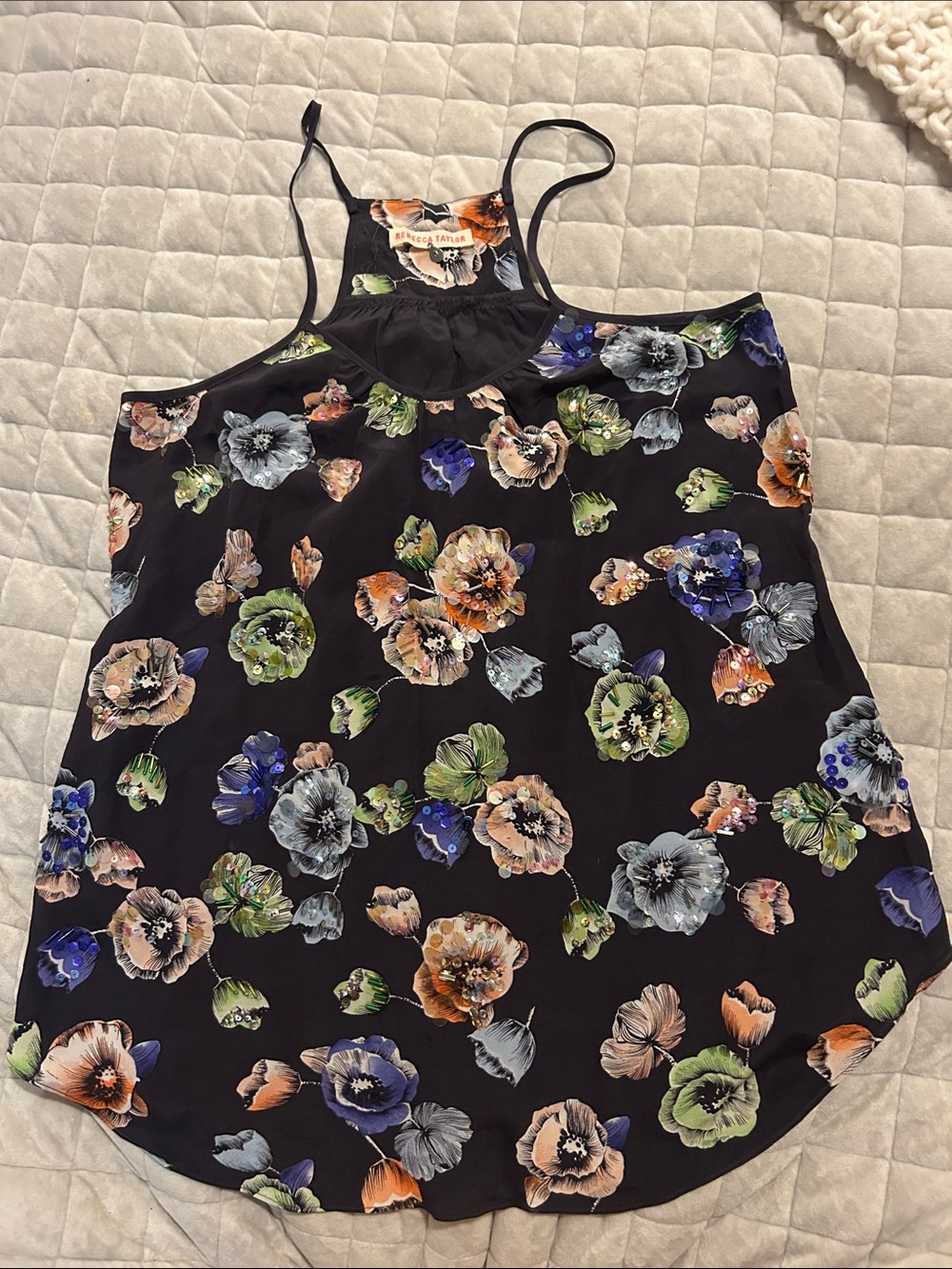 Rebecca Taylor Black Floral Racerback Camisole with Multicolor Blooms